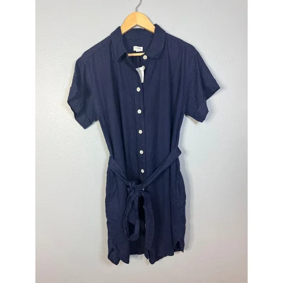J.Crew Linen-blend belted mini shirt-dress Navy Blue Medium NWT J.Crew Linen-blend belted mini shirt-dress Navy Blue Medium NWT
